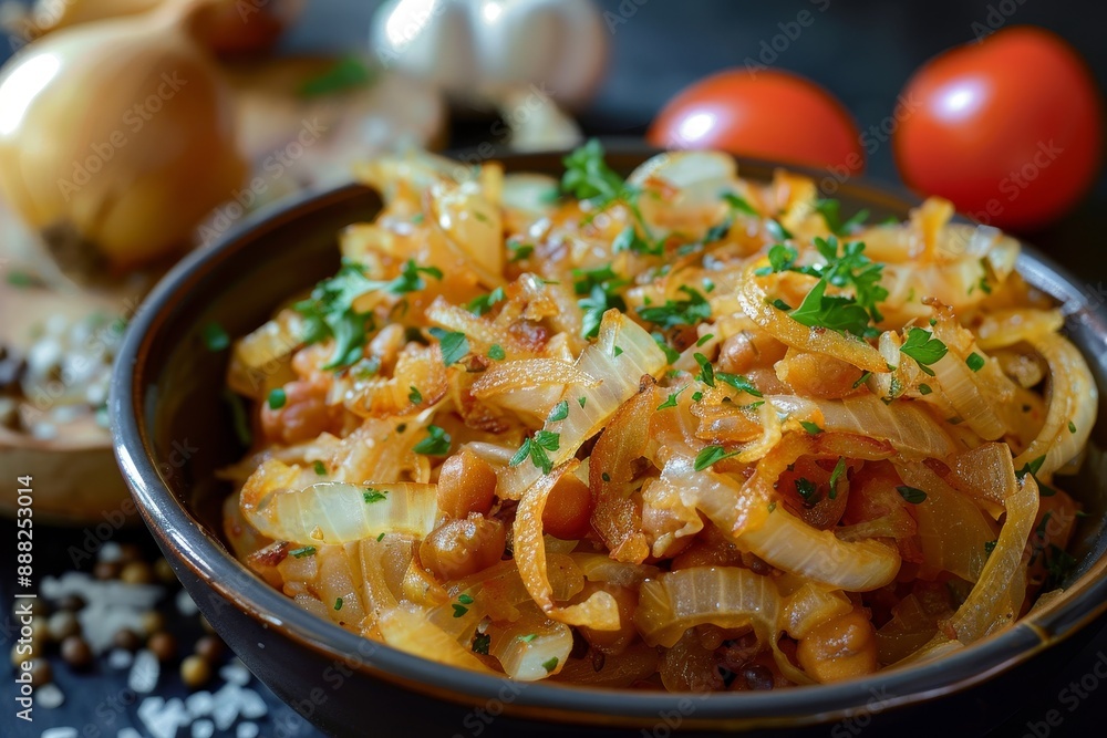 Crunchy onions topping Egyptian Koshary with lentils rice chickpeas tomato sauce Crunchy onions topping Egyptian Koshary with lentils rice chickpeas tomato sauce