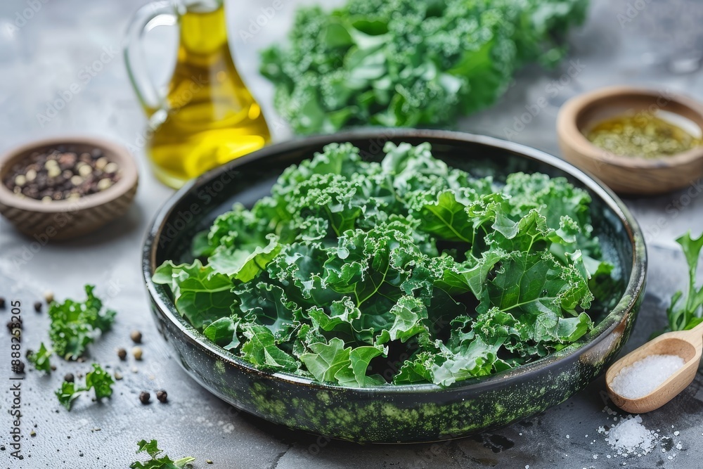 Curly kale leaves on plate with seasonings and olive oil perfect for kale chips or salad Promotes healthy eating and lifestyle Focus on ingredients Curly kale leaves on plate with seasonings and olive oil perfect for kale chips or salad Promotes healthy eating and lifestyle Focus on ingredients