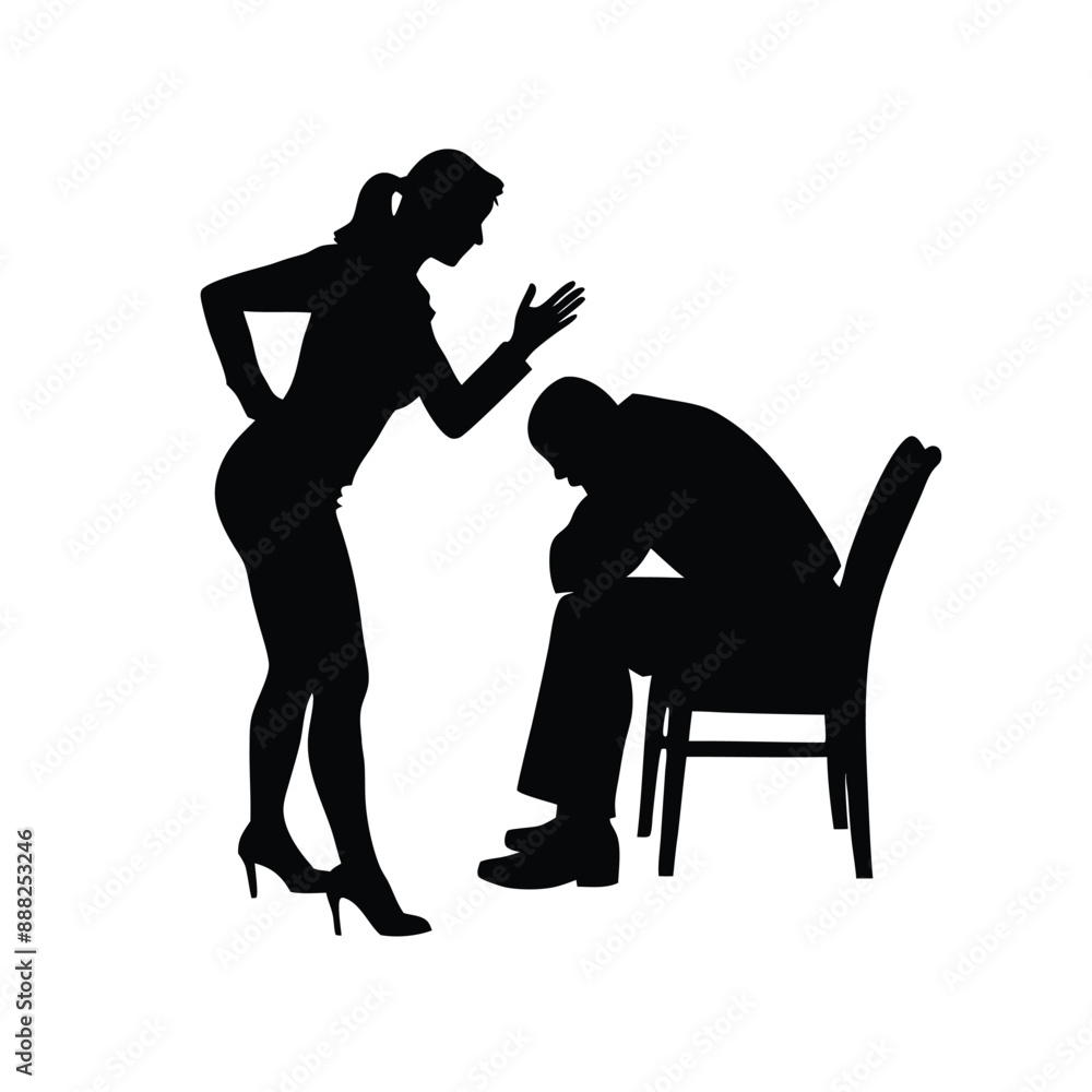 depicting a woman loudly shouting at a man sitting, vector silhouette illustration depicting a woman loudly shouting at a man sitting, vector silhouette illustration