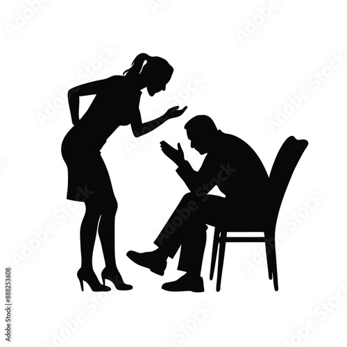 depicting a woman loudly shouting at a man sitting, vector silhouette illustration