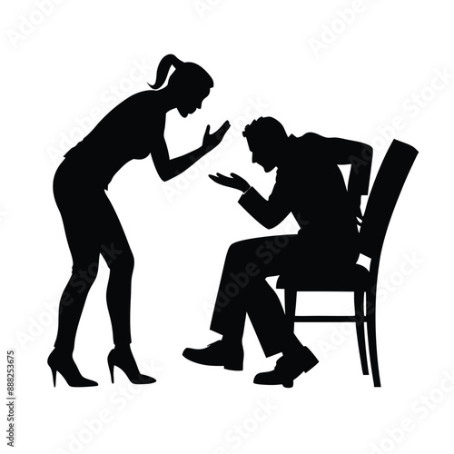 depicting a woman loudly shouting at a man sitting, vector silhouette illustration