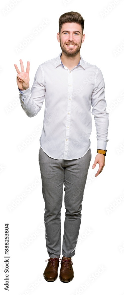Young handsome business man showing and pointing up with fingers number three while smiling confident and happy. Young handsome business man showing and pointing up with fingers number three while smiling confident and happy.