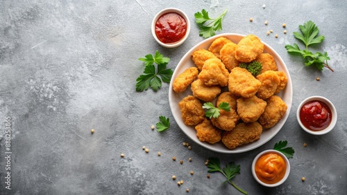 Crispy Chicken Nuggets with Dipping Sauces on Grey Background, Top View, Chicken Nuggets , Dipping Sauces , Appetizer , Fast Food