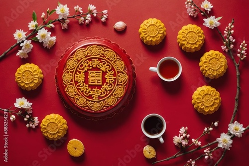 Mid Autumn festival concept. Chinese moon cake, teaand flowers on red background, top view, copy space. photo