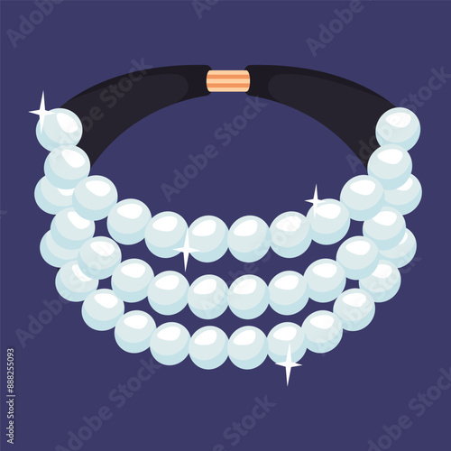 Pearl bracelet with black strap on golden clasp. Jewellery icon isolated. Pearly choker, necklace, sparkling accessories from gemstones. Luxury Pendant close up. Vintage precious ornament. Vector
