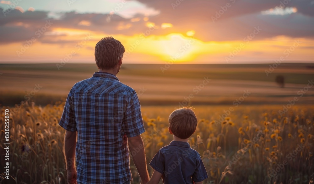 Fototapeta premium Father and son on a farm against a rural sunset