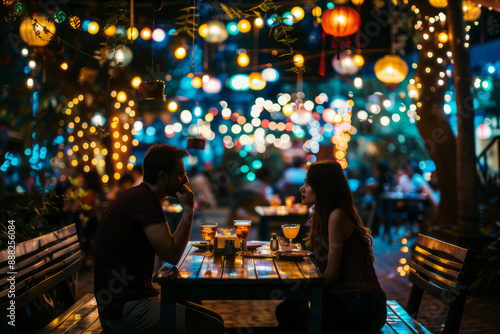 A young guy and a girl on a date in the evening in a street cafe decorated with garlands. AI generative