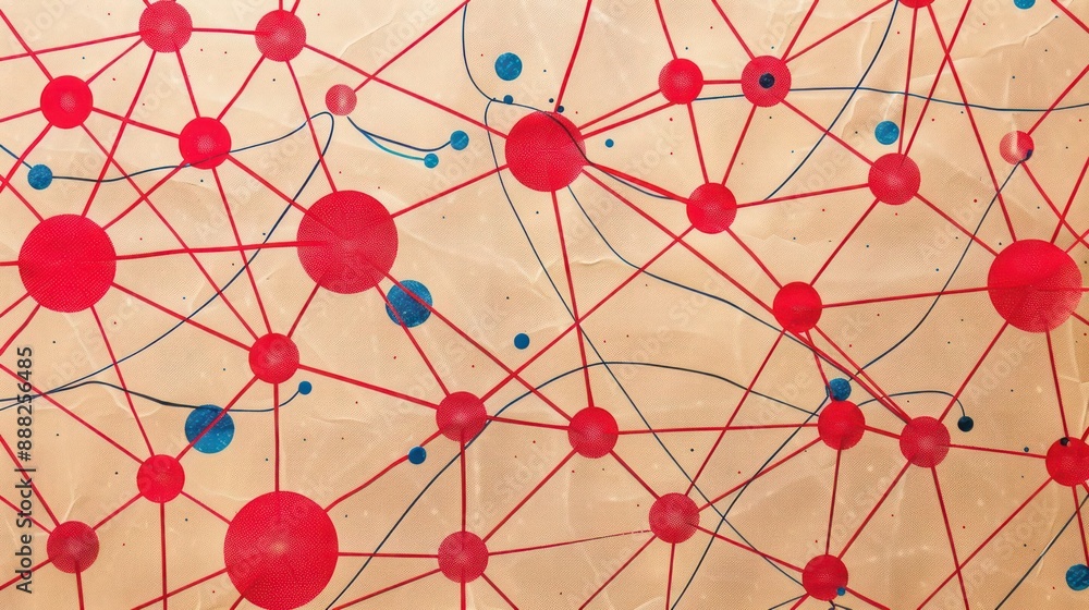 Ruby red dots connected by cobalt lines on a tan background, text focus area in the upper center Ruby red dots connected by cobalt lines on a tan background, text focus area in the upper center