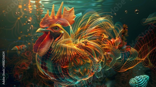 Digital art of majestic holographic Rooster in underwater city with glowing gold wireframe, seashells, coral reefs, mystical aura, detailed facial features