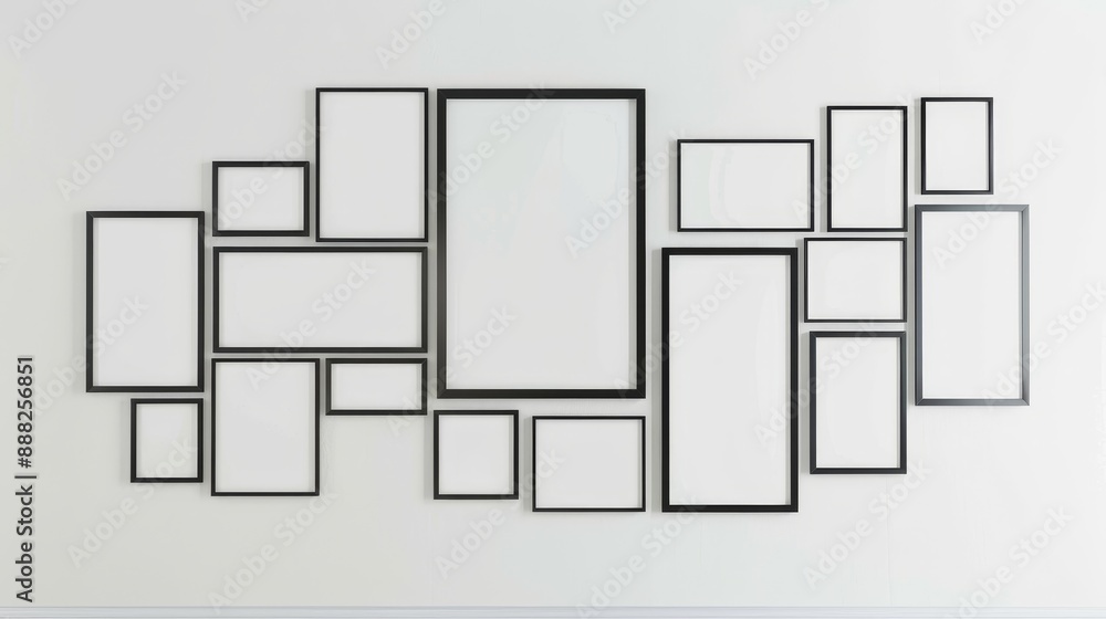 Mockup gallery wall with blank frames in various sizes, portrait orientation. Mockup gallery wall with blank frames in various sizes, portrait orientation.