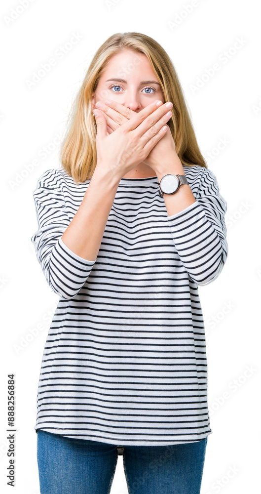 Beautiful young woman wearing stripes sweater over isolated background shocked covering mouth with hands for mistake. Secret concept. Beautiful young woman wearing stripes sweater over isolated background shocked covering mouth with hands for mistake. Secret concept.