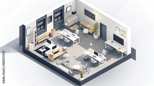 A computer generated image of a large office space with cubicles