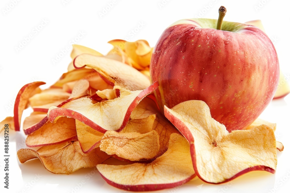 Fresh apple chips and a whole apple close up on a white background Fresh apple chips and a whole apple close up on a white background