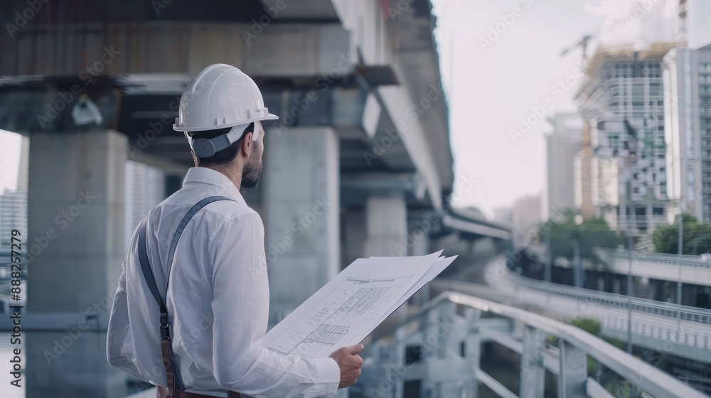 Engineer Inspecting Bridge with Blueprint. generative AI Engineer Inspecting Bridge with Blueprint. generative AI