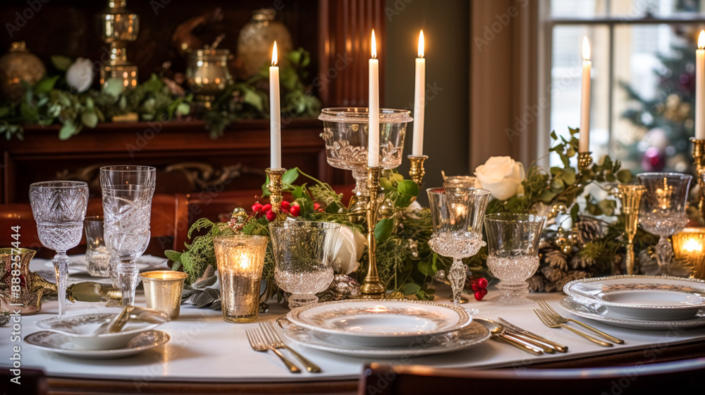 Christmas table decor, holiday tablescape and dinner table setting, formal event decoration for New Year, family celebration, English country and home styling inspiration Christmas table decor, holiday tablescape and dinner table setting, formal event decoration for New Year, family celebration, English country and home styling inspiration