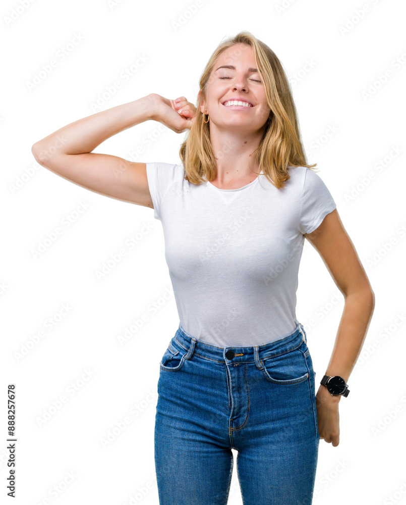 Beautiful young woman wearing casual white t-shirt over isolated background stretching back, tired and relaxed, sleepy and yawning for early morning Beautiful young woman wearing casual white t-shirt over isolated background stretching back, tired and relaxed, sleepy and yawning for early morning
