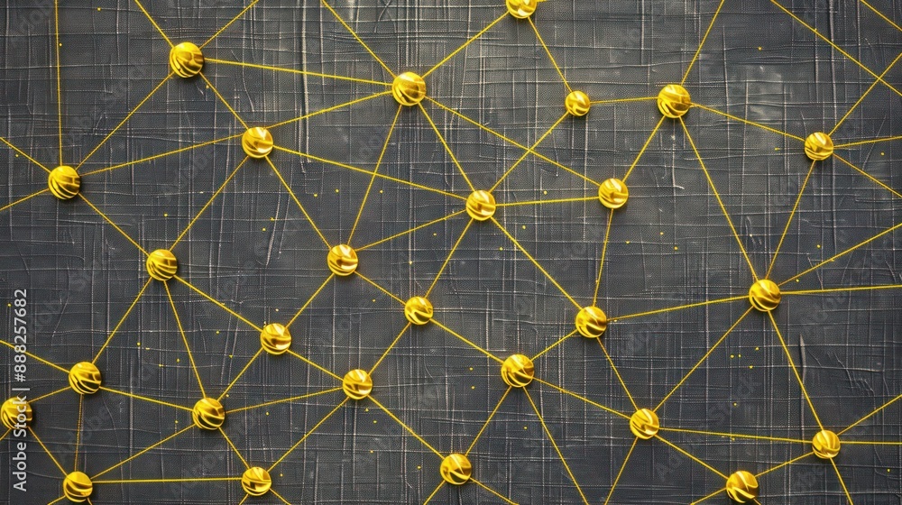 Sunflower yellow dots connected by golden threads on a slate grey canvas, text space in the lower center Sunflower yellow dots connected by golden threads on a slate grey canvas, text space in the lower center
