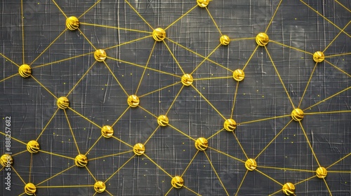 Sunflower yellow dots connected by golden threads on a slate grey canvas, text space in the lower center