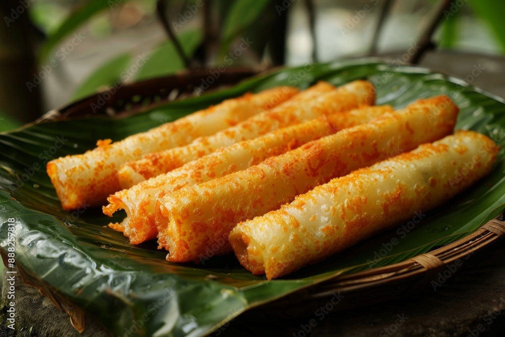 Fried cassava served on banana leaf a popular snack with tea or coffee Fried cassava served on banana leaf a popular snack with tea or coffee