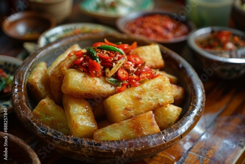 Fried Cassava traditional Indonesian dish made with marinated cassava and spices served warm with green chili photo