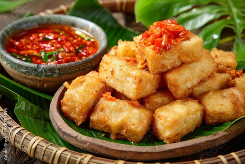 Fried cassava with chili sauce from Indonesia