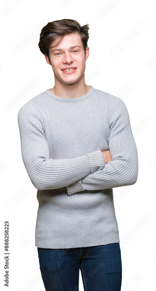 Young handsome man wearing winter sweater over isolated background happy face smiling with crossed arms looking at the camera. Positive person. Young handsome man wearing winter sweater over isolated background happy face smiling with crossed arms looking at the camera. Positive person.