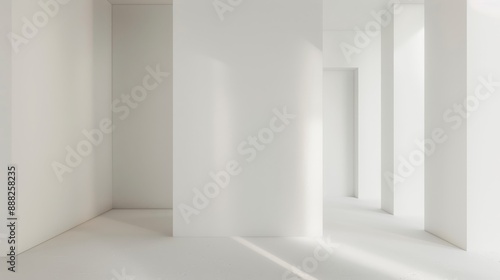Minimalist white room corner view, monochromatic style, architecture photography, clean design, no windows