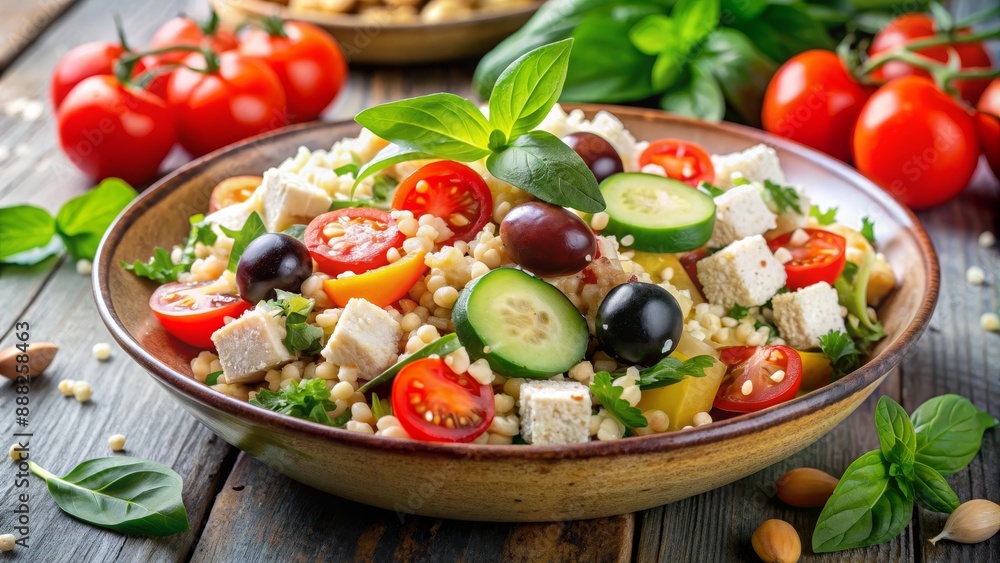 Mediterranean Ptitim Salad with Tomatoes, Cucumbers, and Feta, ptitim , salad , mediterranean , feta Mediterranean Ptitim Salad with Tomatoes, Cucumbers, and Feta, ptitim , salad , mediterranean , feta