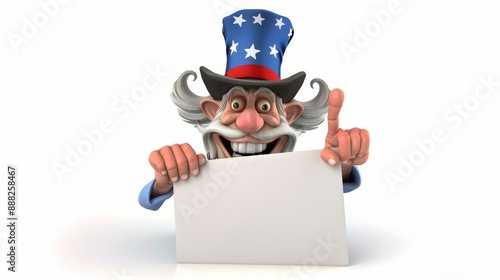 Cartoon Uncle Sam holding sign with patriotic theme photo