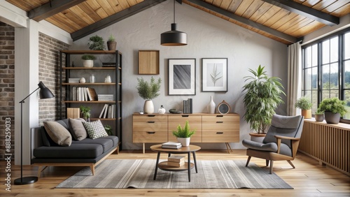 Wallpaper Mural Modern Living Room with Exposed Beams, a Grey Couch, and a Wooden Cabinet, 3D Render, Interior Design, Home Decor, Living Space Torontodigital.ca