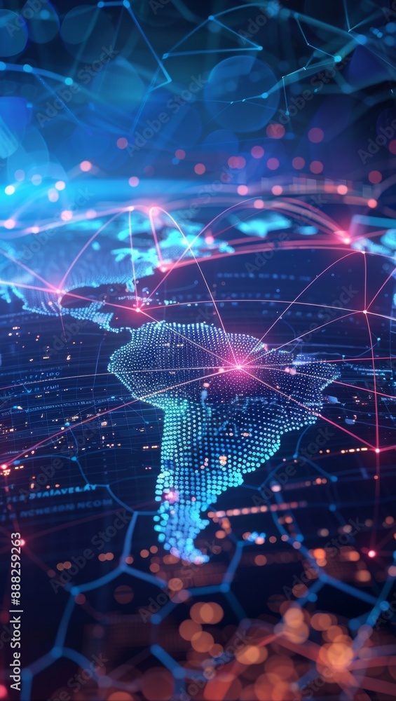Obraz premium Global Communication Network Illustration: Vibrant Digital Nodes and Pathways Emphasizing Seamless Data Exchange Worldwide