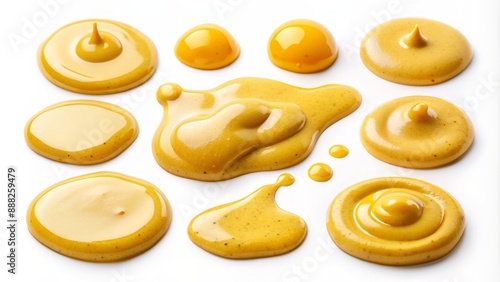 Mustard Sauce Drizzles - Close-up of Various Mustard Splashes on White Background, Food Photography, Condiment, Yellow , Mustard , Drizzle , Sauce