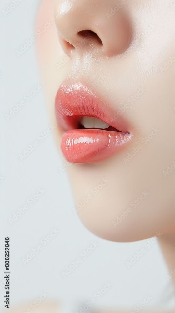 Obraz premium Fresh Korean woman's lower crown with light pink lips and lip gloss on white background, clear and innocent cosmetic ad image focusing on nose and mouth.