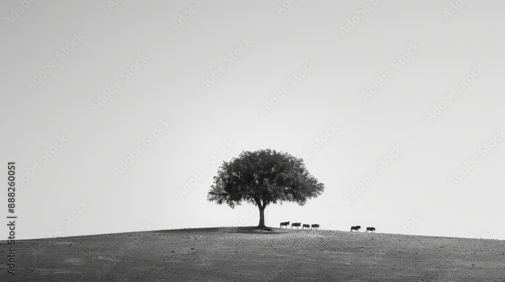 Fototapeta premium Minimalist desert tree with animals seeking shade, high contrast black and white, sunrise touch.