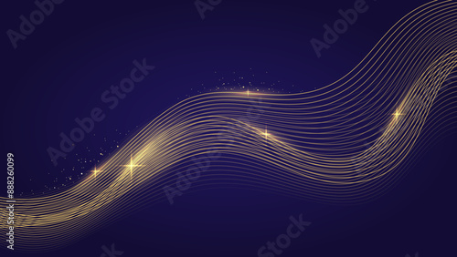 Gold waves decorated shining stars and gold sequins on navy background. Dark wavy banner. Editable stroke