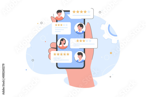 Hand holding mobile smart phone with review rating. Reviews stars with good and bad rate and text, concept of testimonials messages, notifications, feedback