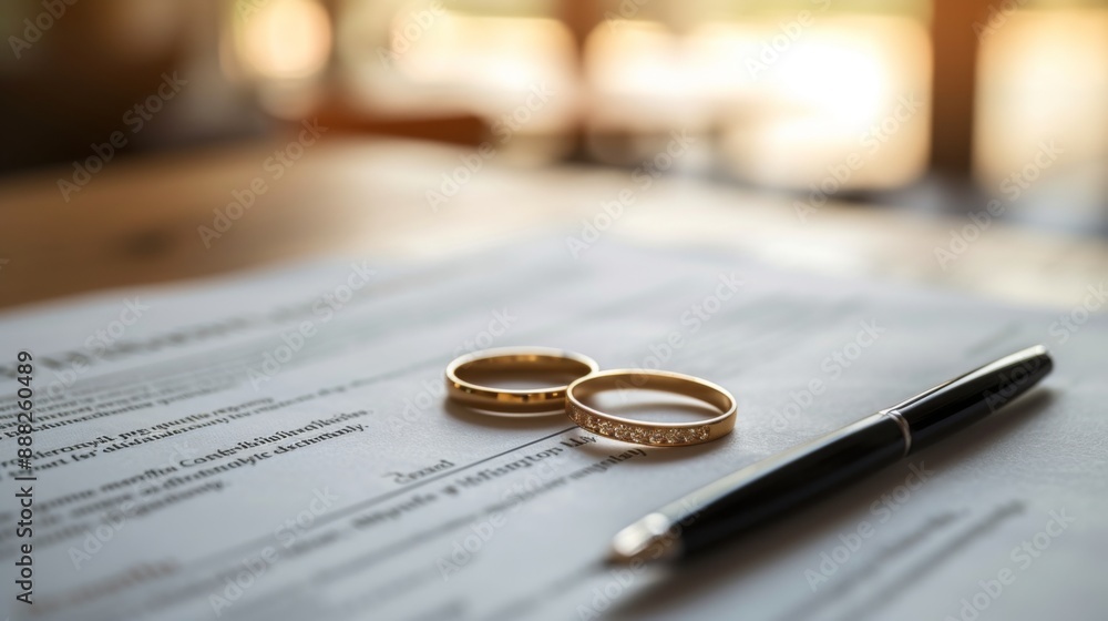 Wedding rings placed on a contract Wedding rings placed on a contract