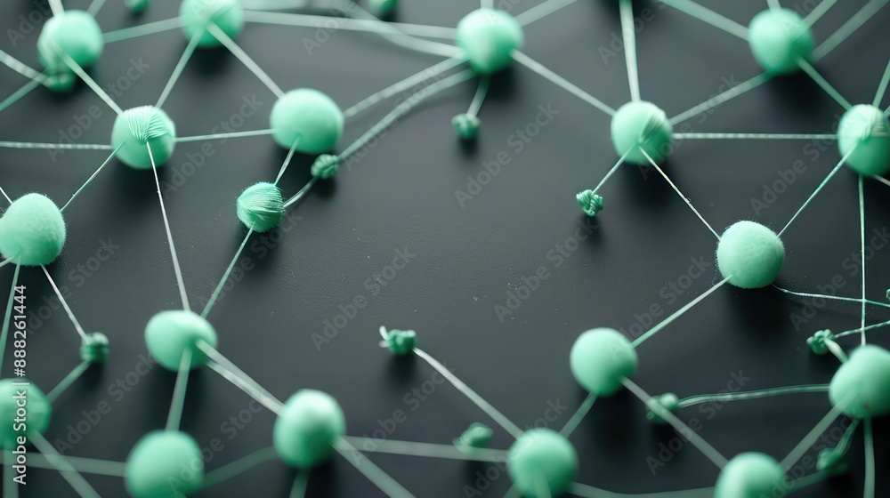 Seafoam green dots linked by mint green threads on a charcoal grey backdrop, central text space Seafoam green dots linked by mint green threads on a charcoal grey backdrop, central text space