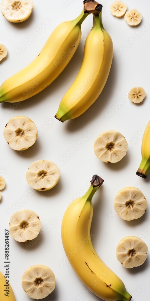Banana fruits on white. Top view flat lay Banana fruits on white. Top view flat lay