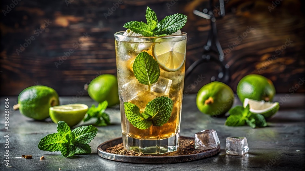 Refreshing Iced Tea with Mint and Lime, close-up, glass, summer drink , iced tea , mint , lime Refreshing Iced Tea with Mint and Lime, close-up, glass, summer drink , iced tea , mint , lime