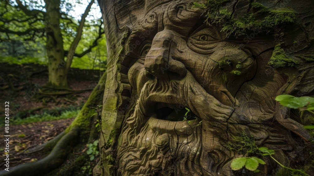 Carved face on weirwood tree trunk Carved face on weirwood tree trunk