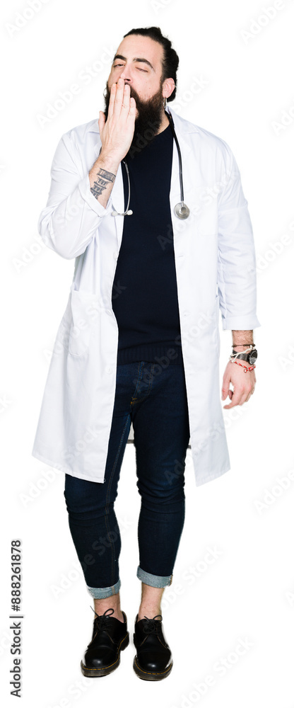 Doctor with long hair wearing medical coat and stethoscope bored yawning tired covering mouth with hand. Restless and sleepiness. Doctor with long hair wearing medical coat and stethoscope bored yawning tired covering mouth with hand. Restless and sleepiness.