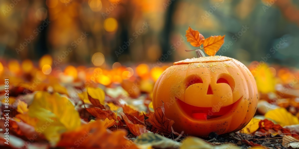 Naklejka premium Close up of Halloween pumpkins in the park covered in autumn yellow leaves.
