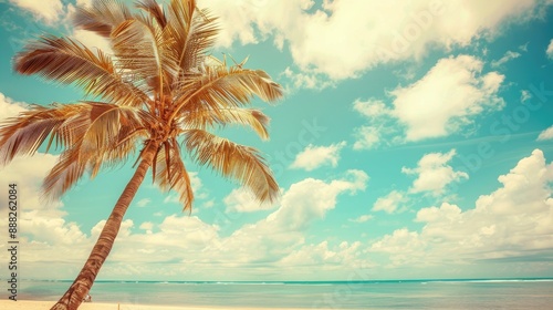 Fototapeta Naklejka Na Ścianę i Meble -  Tropical beach scene with palm tree blue sky white clouds summer vacation concept vintage color style