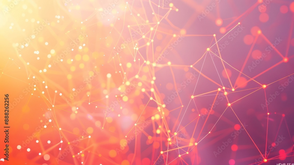 Obraz premium Sunset orange dots connected by red lines on a soft lilac background, text area in the bottom right