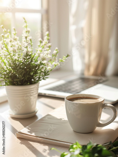 Serene Morning Workspace with Coffee & Blooming White Flowers, Sunlit Home Office Background Wallpaper