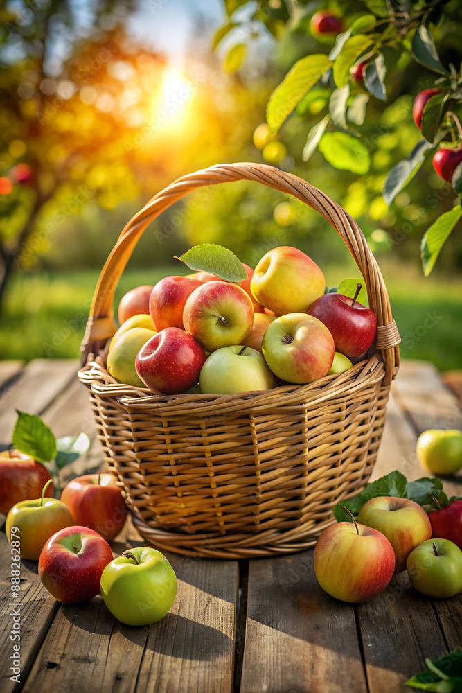 Rustic Basket of Fresh Apples on Wooden Table in Sunlit Orchard. Rustic Basket of Fresh Apples on Wooden Table in Sunlit Orchard.