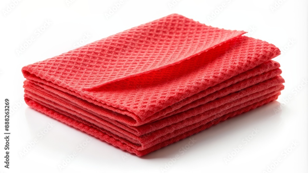 Stack of Red Waffle Weave Towels, Close-Up Perspective, White Background, Kitchen Cleaning Supplies, Texture, Household, Cleaning Stack of Red Waffle Weave Towels, Close-Up Perspective, White Background, Kitchen Cleaning Supplies, Texture, Household, Cleaning