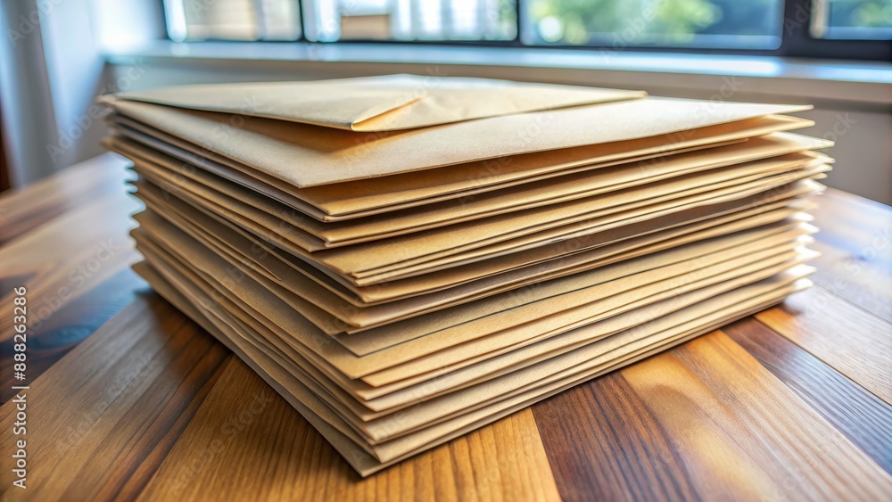 Obraz premium Stacked Brown Envelopes on Wooden Table, Envelope, Paper, Delivery, Mail