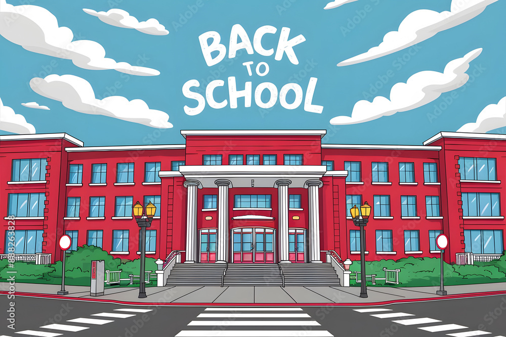 Cheerful and Vibrant Illustration of a Modern School Building with 'Back to School' Banner Cheerful and Vibrant Illustration of a Modern School Building with 'Back to School' Banner